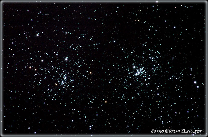 The double cluster consist of two open clusters NGC 884 and NGC 869 that are close together in the Perseus constellation. This photo was taken with a Nikon D70 and 600mm f4 ED lens. By Walt Davis.