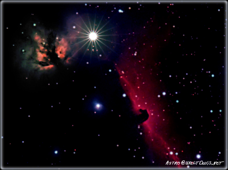The region of space surrounding Alnitak (a 1.7 magnitude left most star in Orion's Belt) is most commonly noted for NGC 2024 (The Flame Nebula) and IC 434 (The Horsehead Nebula). This  wide field view  also contains: NGC 2023 (A nebula surrounding the bright star center of view) and IC 435 (a bright nebula surrounding a dimmer star to the left and bottom of view). This picture was taken with an Orion Starshoot DSCI II and Nikon 300mm f2.8 ED lens. By Walt Davis.