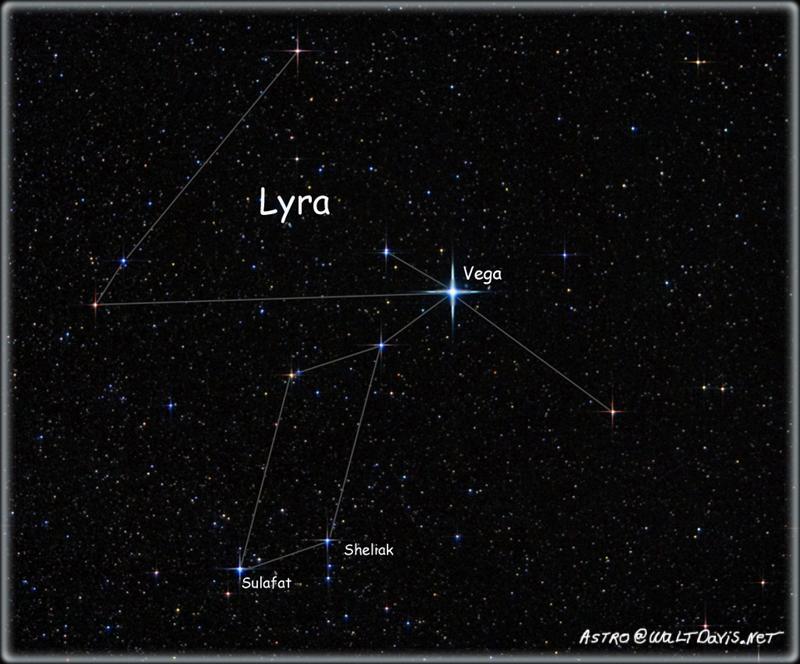 This wide field view of the Lyra constellation has been outlined and major stars have been labeled with; Vega being the center piece. M57 (The Famous Ring Nebula) is actually on the line between Sulafat and Sheliak. This picture was taken with a PiggyBacked Nikon D70 and 35mm ED Lens. By Walt Davis