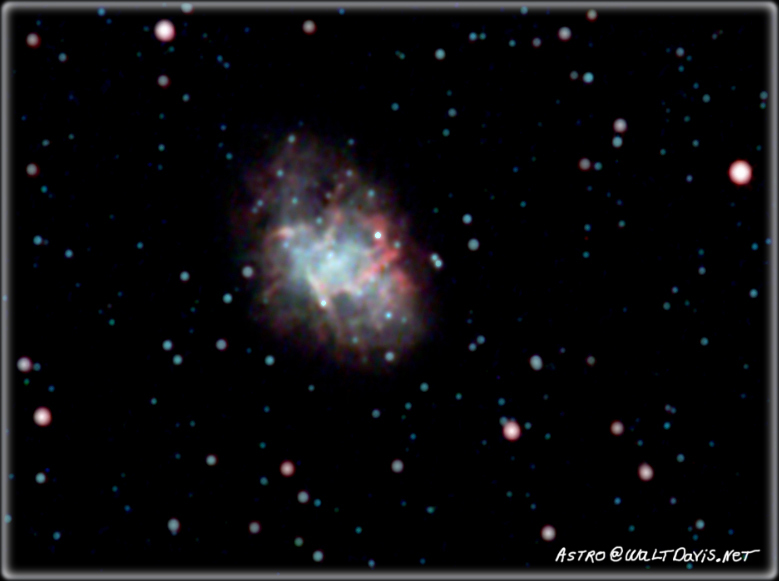 Ever wonder what is left over after a super nova explosion? Well the Crab Nebula is a spectacular example of the remains.  Here we see an ever expanding cloud of gas that used to be the outer regions of a giant star. In this case the remaining inner core has collapsed into an extremely dense neutron star. This picture was taken with an Orion Starshoot DSCI II, Nikon TC-301 2x Teleconverter , and a Nikkor 600mm f4 ED lens.