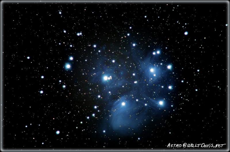 M45 (the Pleiades) is a very bright star cluster that can be seen easily by the human eye as a bright patch in the sky. Its beautiful to look at with binoculars and is a winter time favorite. This picture was taken with a Nikon D70 and a 600mm f4 ED lens. By Walt Davis.