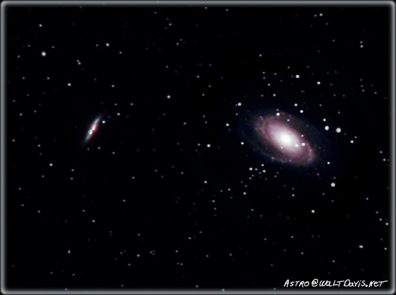 Wide field view of two galaxies M81 and M82. These two galaxies are the most prominent of the M81 group. M82 is actually also called the Cigar Galaxy is star forming. This picture was taken with an Orion Starshoot DSCI II and a Nikon 600mm f4 ED lens. By Walt Davis.