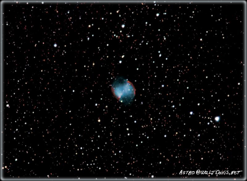 M27 (the Dumbell Nebula) is said by some to be the finest planetary nebula in the sky and I could hardly argue. This picture was taken with a Nikon D70, 600mm f4 ED Lens, and TC-301 2x Teleconverter. By Walt Davis.